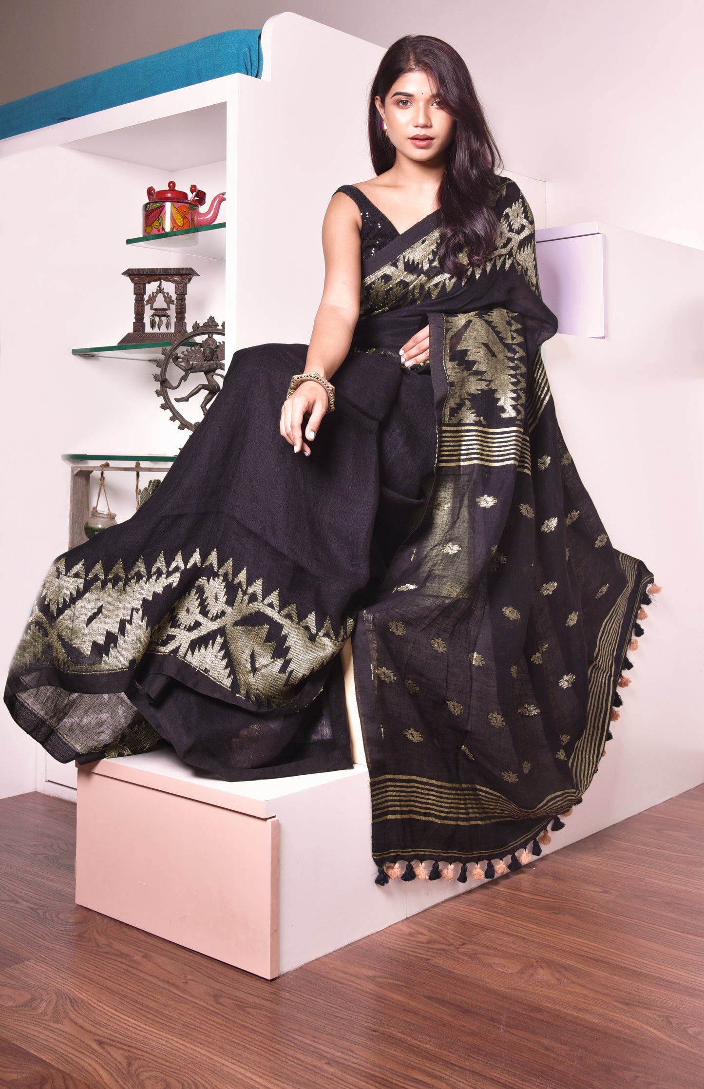 Black Linen Saree - ArtisanSoul