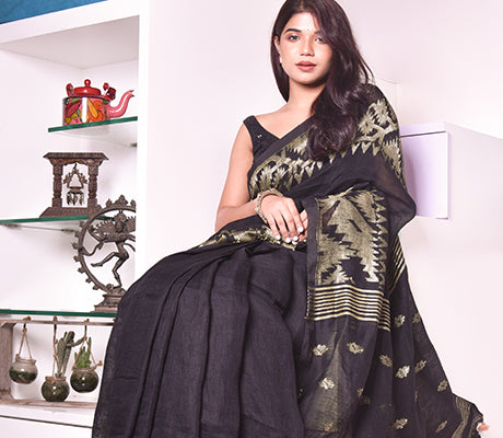 Black Linen Saree - ArtisanSoul