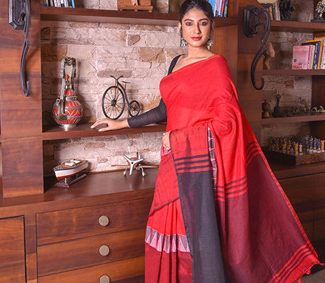 Handloom Cotton Saree with Maddhabani Design in Red - ArtisanSoul
