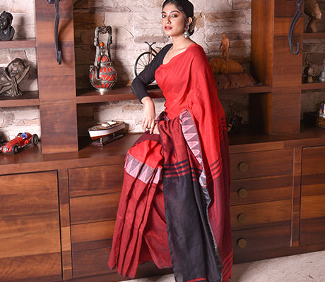 Handloom Cotton Saree with Maddhabani Design in Red - ArtisanSoul