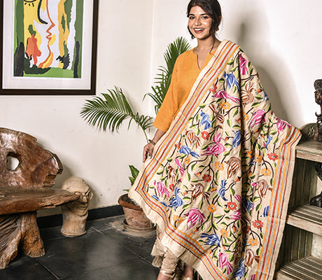 Kantha Stitched Dupatta on Tussar Base - Blue and Purple - ArtisanSoul