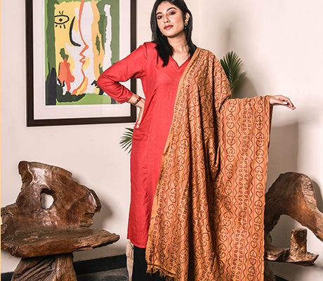 Kantha Stitched Dupatta on Silk Base - Brown - ArtisanSoul