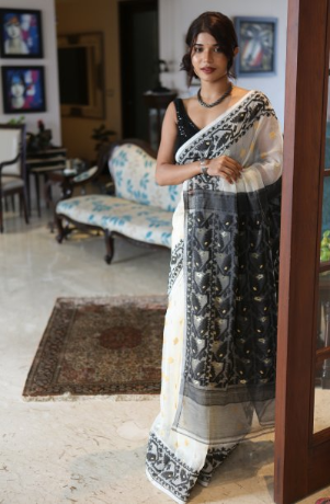 Handloom Saree with Jamdani Sub Dhakai Design all Over the Saree - Black and White - ArtisanSoul