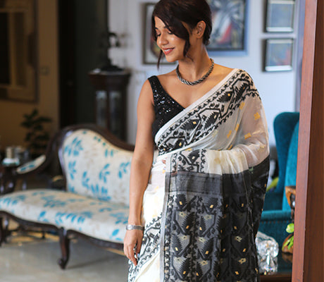 Handloom Saree with Jamdani Sub Dhakai Design all Over the Saree - Black and White