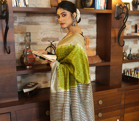 Kantha Stitch on Silk Saree with Jalchuri Pattern - Olive - ArtisanSoul