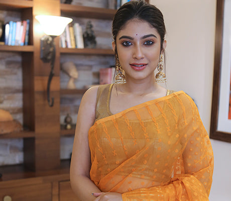 Handloom Jamdani All Body Work in Magnificent Orange Color - ArtisanSoul