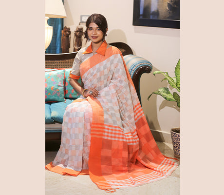 Handloom Cotton Saree with Jaba Kaj/Design in Orange - ArtisanSoul