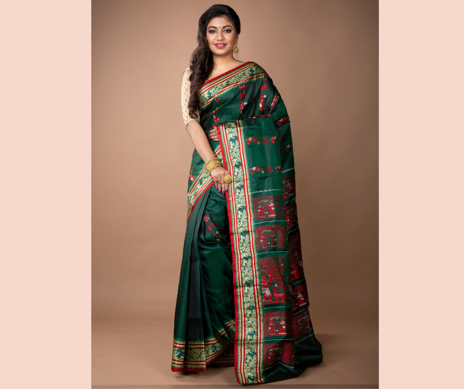 Murshidabad Silk - Double Jakard Handloom Minakari Garod Saree - Bottle Green - ArtisanSoul