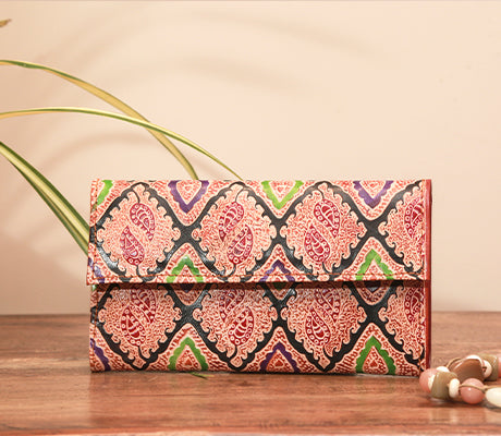 Embossed Leather Purse for Women from Birbhum - Leaf Design - ArtisanSoul