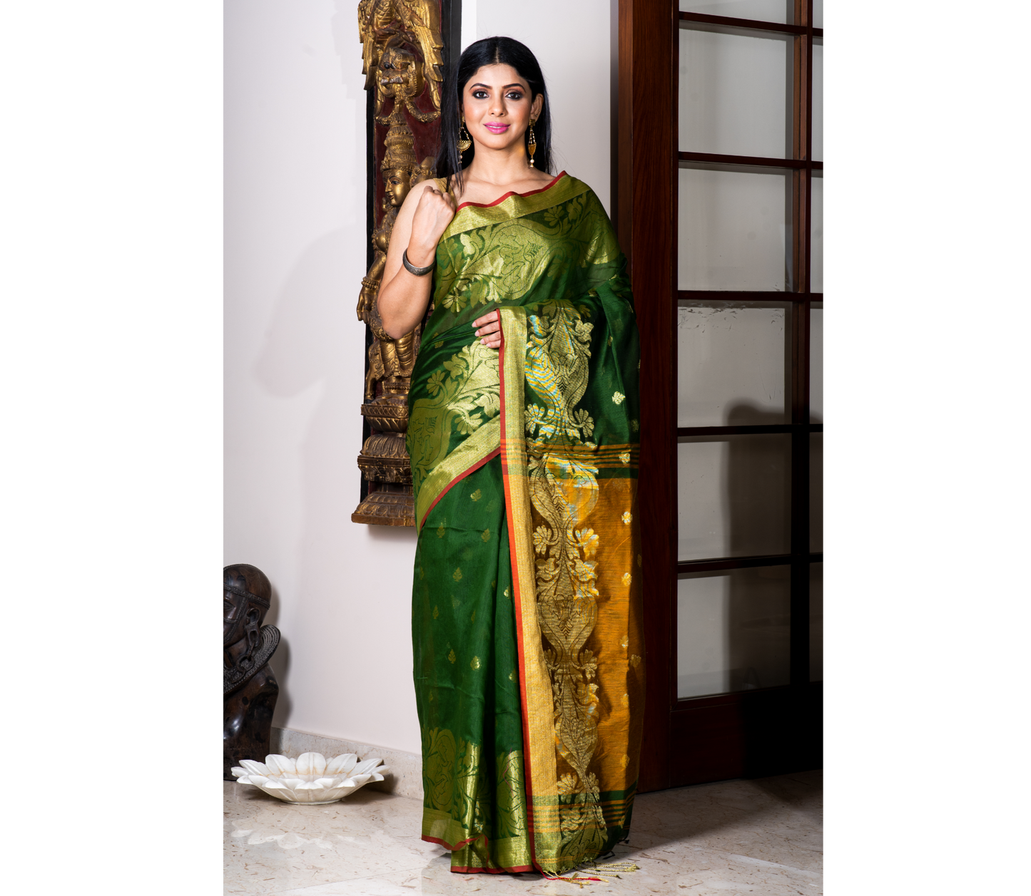 Handloom Saree - Bottle Green & Mustard Yellow
