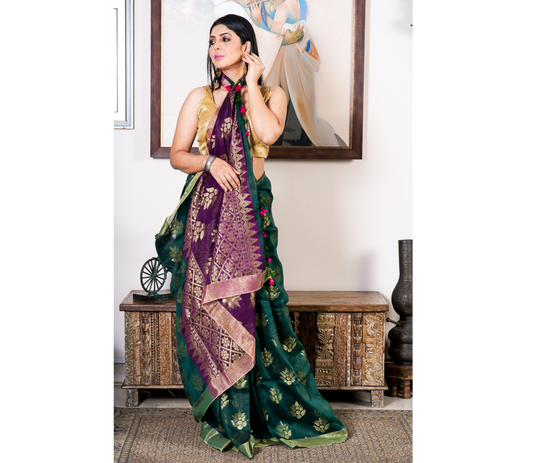 Linen Saree With Work All Over The Saree - Bottle Green & Violet - ArtisanSoul