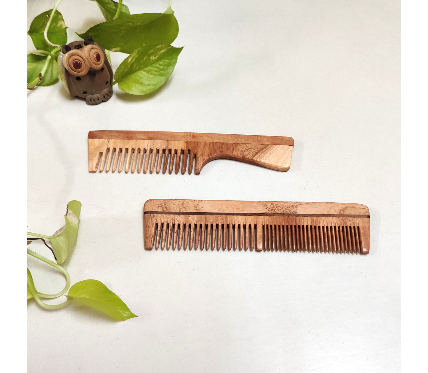 Neem Wood Combs (Fine teeth with handle comb & Dual teeth comb)