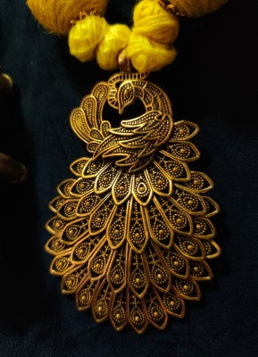 Ethnic Handcrafted Necklace with Peacock Pendant - Yellow - ArtisanSoul