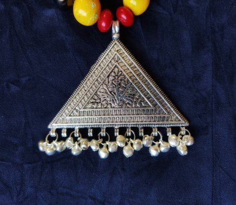 Ethnic Handcrafted Necklace with Tringle design Pendant - Red and Yellow - ArtisanSoul