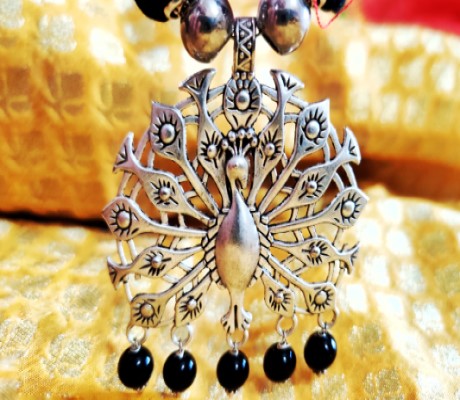 Ethnic Handcrafted Necklace with Silver Peacock pendant - Red and Black - ArtisanSoul