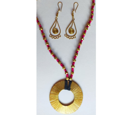 Handcrafted Dokra Necklace with Earring from Odisha - Pink Threaded Circle Coil Type - ArtisanSoul