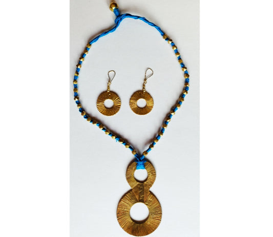 Handcrafted Dokra Necklace with Earring from Odisha - Blue Threaded Double coil Design - ArtisanSoul