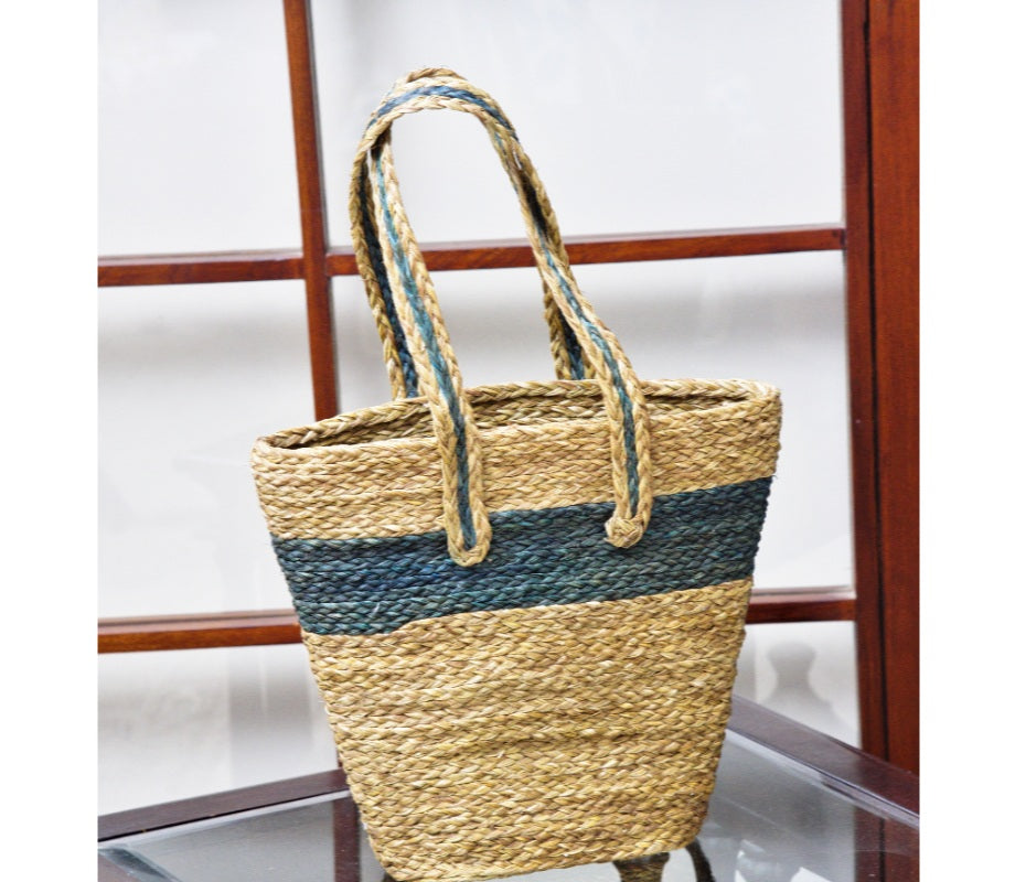 Ladies Hand Bag made of Sabai Grass from Bengal - Blue and Natural - ArtisanSoul