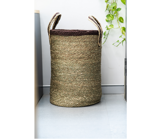 Laundry Bag made out of Sabai Grass with Lid - Brown Lid With Natural Shade - ArtisanSoul