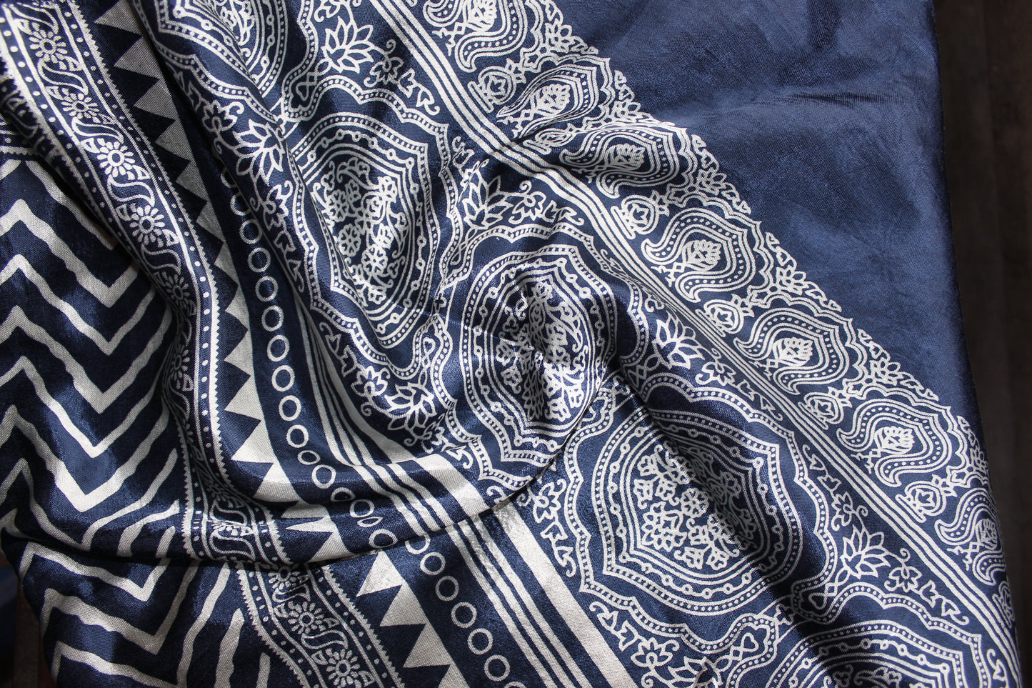 Ajrakh Print Modal Silk Stole From Bengal - Blue - ArtisanSoul