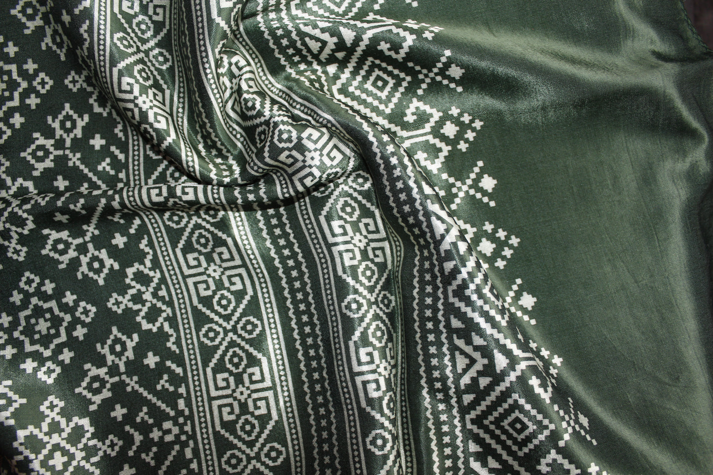 Ajrakh Print Modal Silk Stole From Bengal - Olive Green - ArtisanSoul