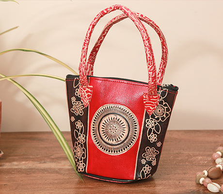 Embossed Leather Potli Bag for Women from Birbhum - Mandala on Red - ArtisanSoul