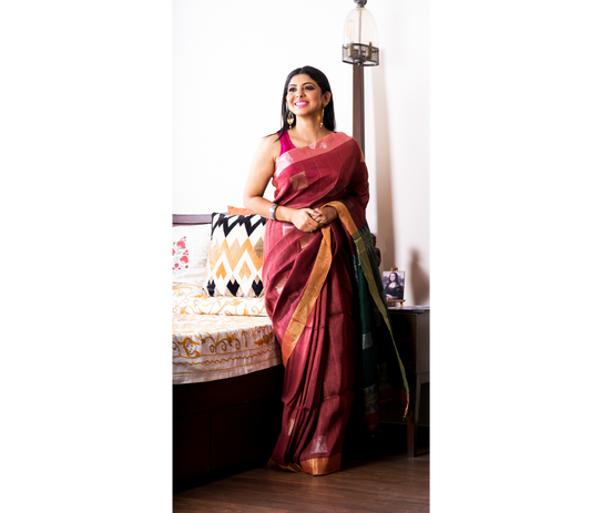 Handloom Linen Saree With All Over Work - Burgundy & Pine Green - ArtisanSoul