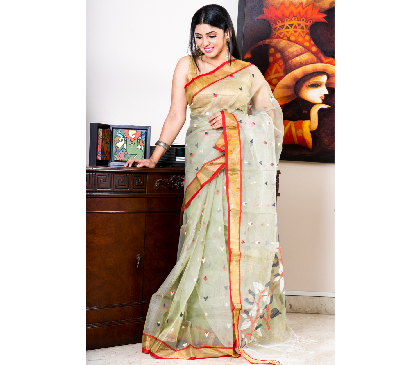Handloom Muslin Silk Saree - Moss Green & Red Paar
