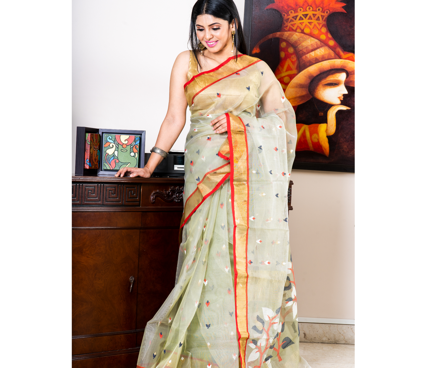 Handloom Muslin Silk Saree - Moss Green & Red Paar - ArtisanSoul