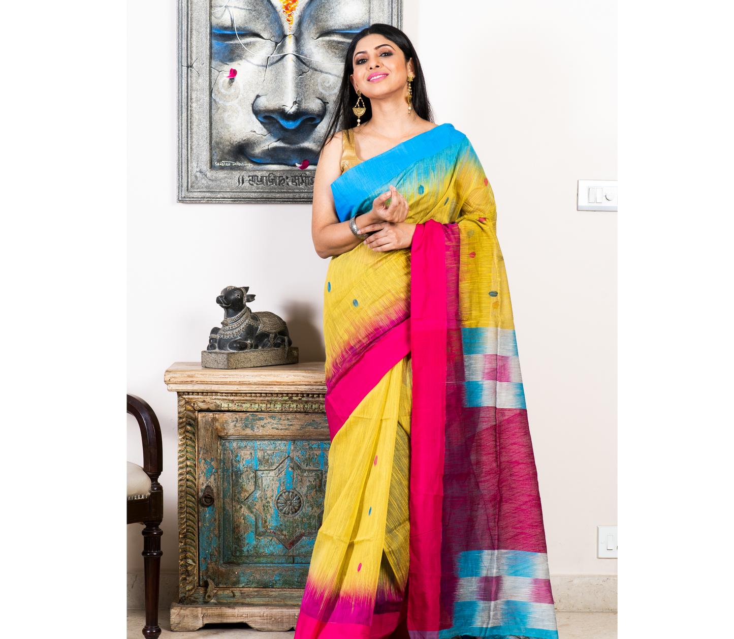 Handloom Saree - Pink & Blue Par On Mustard Yellow - ArtisanSoul