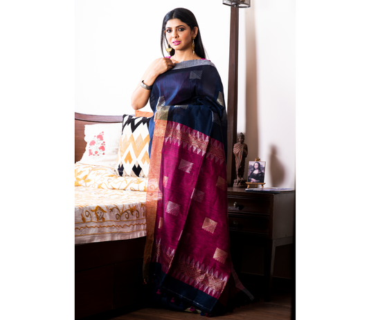 Handloom Linen Saree With All Over Work - Navy Blue & Purple - ArtisanSoul