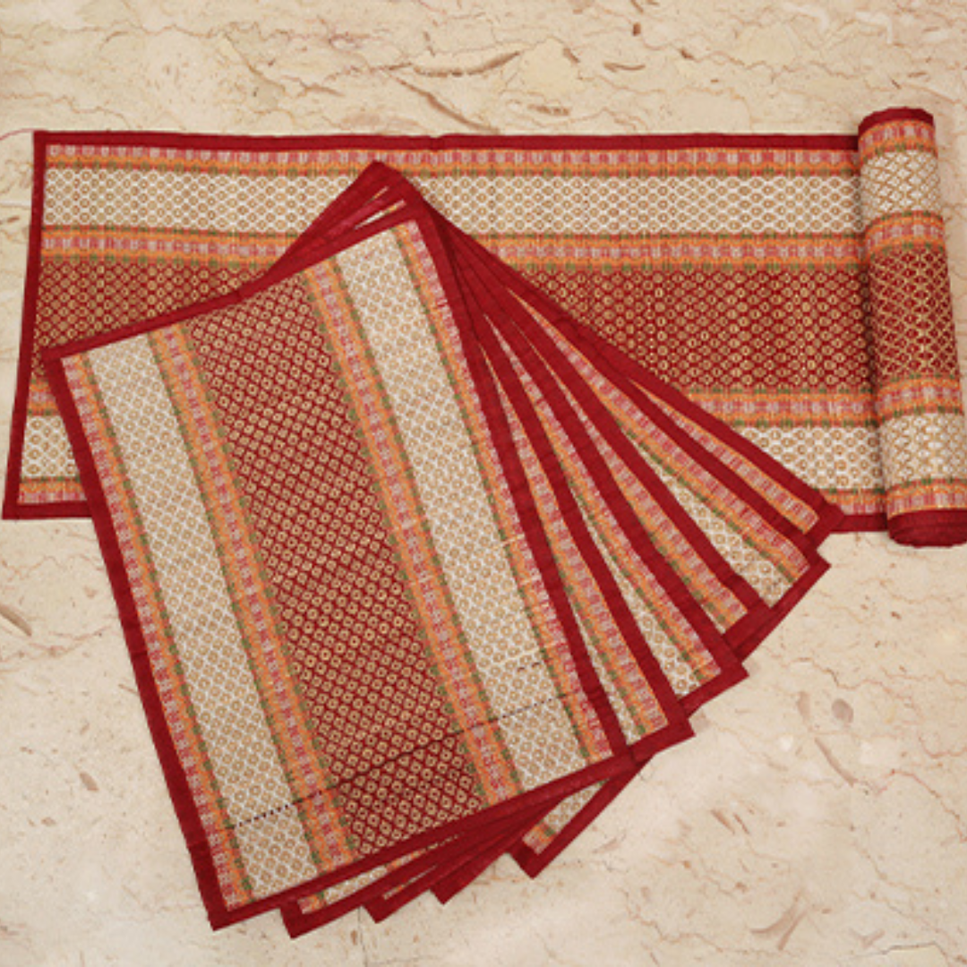 Madur Kathi Handloom Table mat with Runner - Red with white border - ArtisanSoul