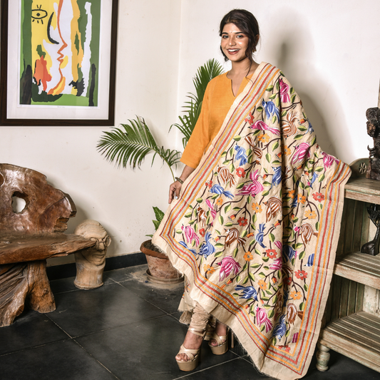 Kantha Stitched Dupatta on Tussar Base - Blue and Purple - ArtisanSoul