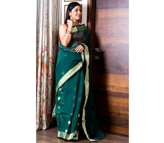 Handloom Tant Saree - Teal Blue - ArtisanSoul