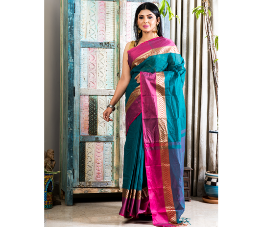 Handloom Tant Saree - Teal Blue With Pink Par - ArtisanSoul