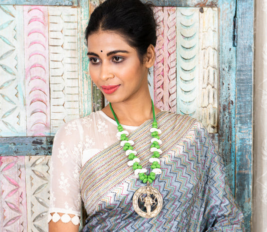 Ethnic Handcrafted Green Threaded Dokra Necklace - Ganesh Pendant - ArtisanSoul