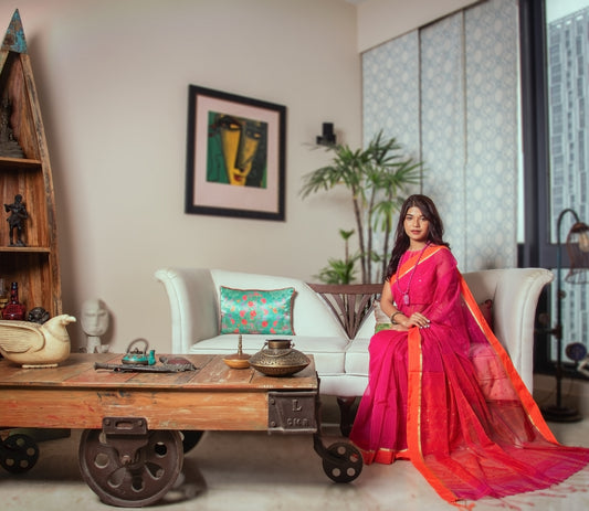 Handloom saree with All Over Chumki Work - Orange and Purple - ArtisanSoul