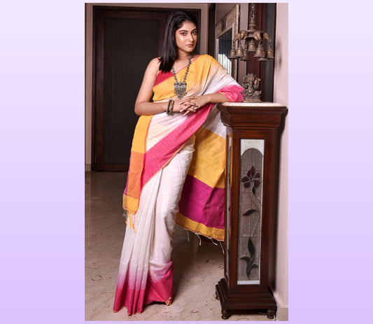 Handloom Saree With Ganga-Jamuna Par - Yellow & Pink on White - ArtisanSoul