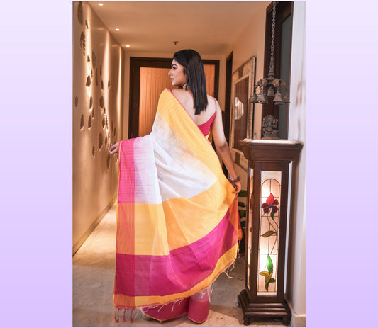 Handloom Saree With Ganga-Jamuna Par - Yellow & Pink on White - ArtisanSoul