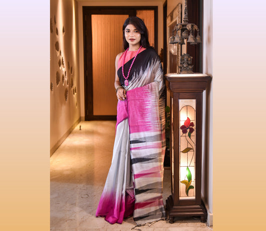 Handloom Ikkat Saree - Black and Pink on Silver - ArtisanSoul