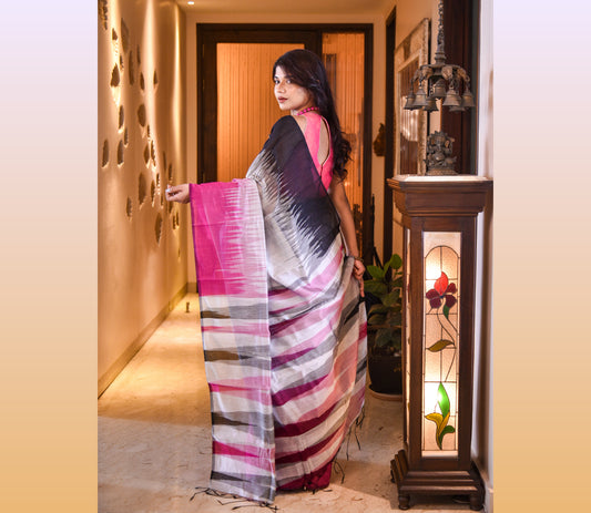 Handloom Ikkat Saree - Black and Pink on Silver - ArtisanSoul