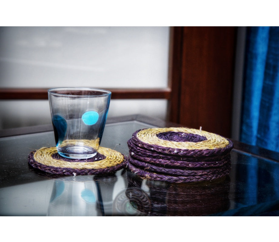 Coaster set Made of Sabai Grass - Violet and Natural