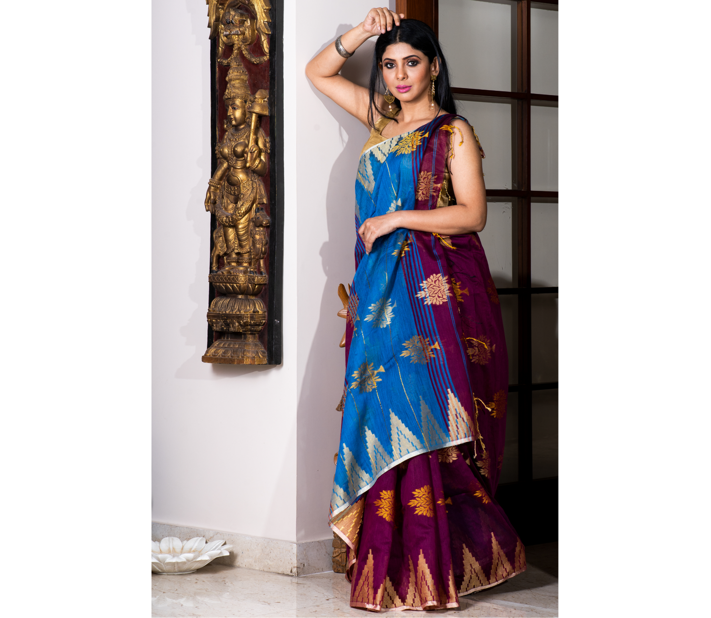 Handloom Saree With All Over Work - Violet & Azure Blue Anchal - ArtisanSoul