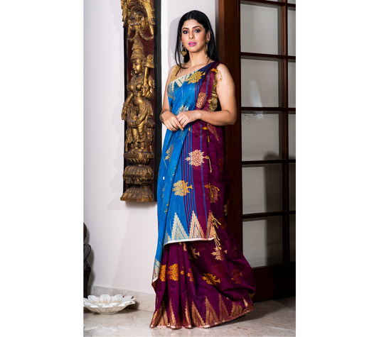 Handloom Saree With All Over Work - Violet & Azure Blue Anchal - ArtisanSoul