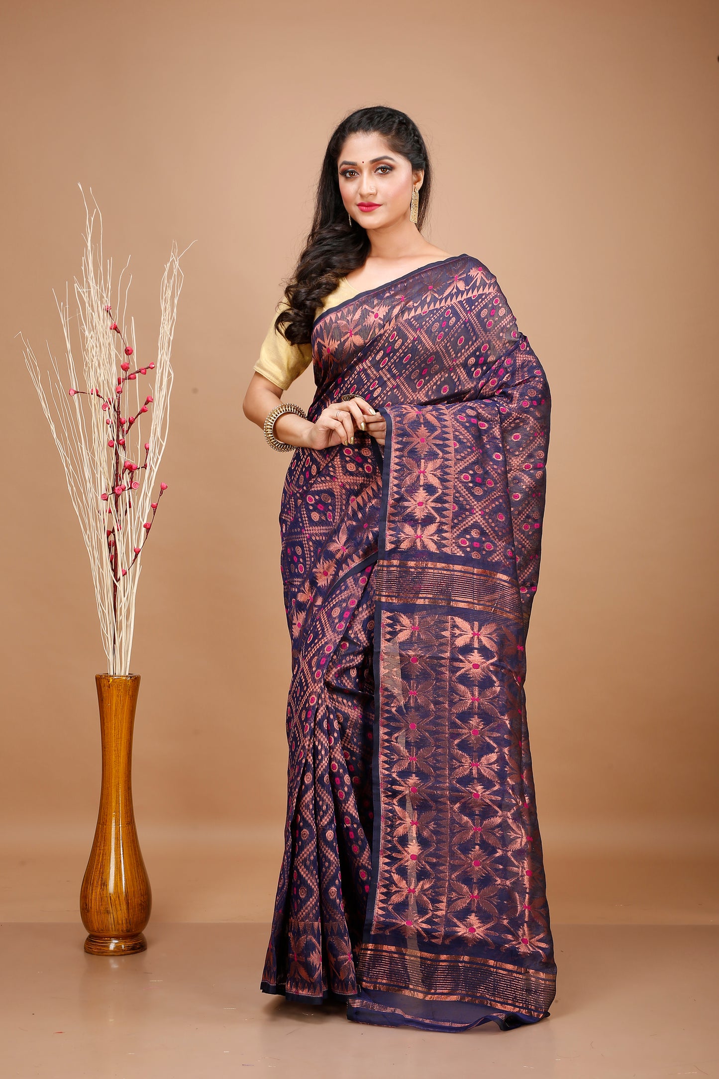 Handloom Jamdani Saree with all over Rose Gold Zari work - Navy Blue