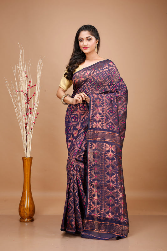 Handloom Jamdani Saree with all over Rose Gold Zari work - Navy Blue - ArtisanSoul