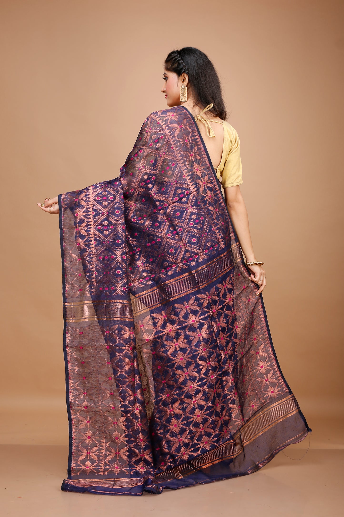 Handloom Jamdani Saree with all over Rose Gold Zari work - Navy Blue - ArtisanSoul