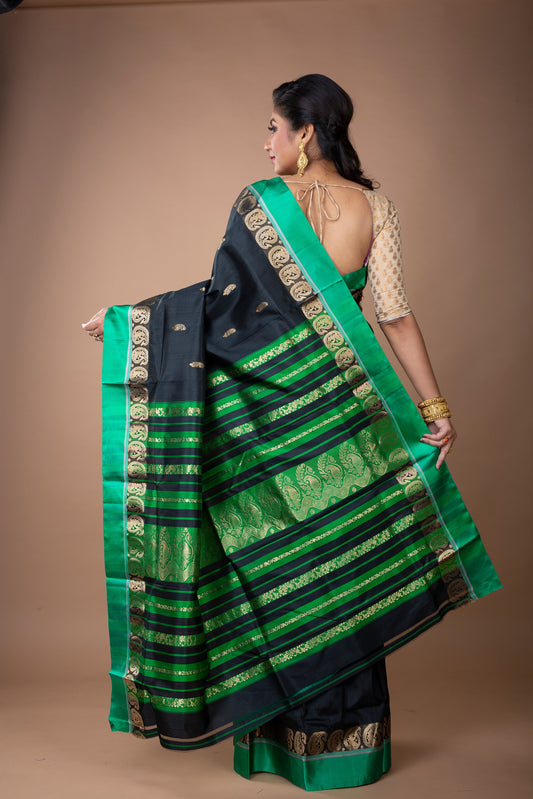 Murshidabad Silk - Zaree Jakard Handloom Garod Saree - Black - ArtisanSoul