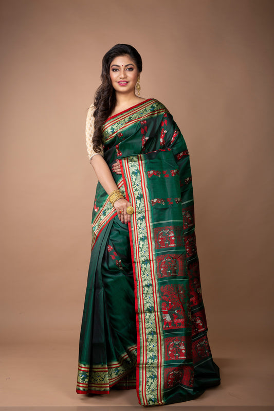 Murshidabad Silk - Double Jakard Handloom Minakari Garod Saree - Bottle Green - ArtisanSoul