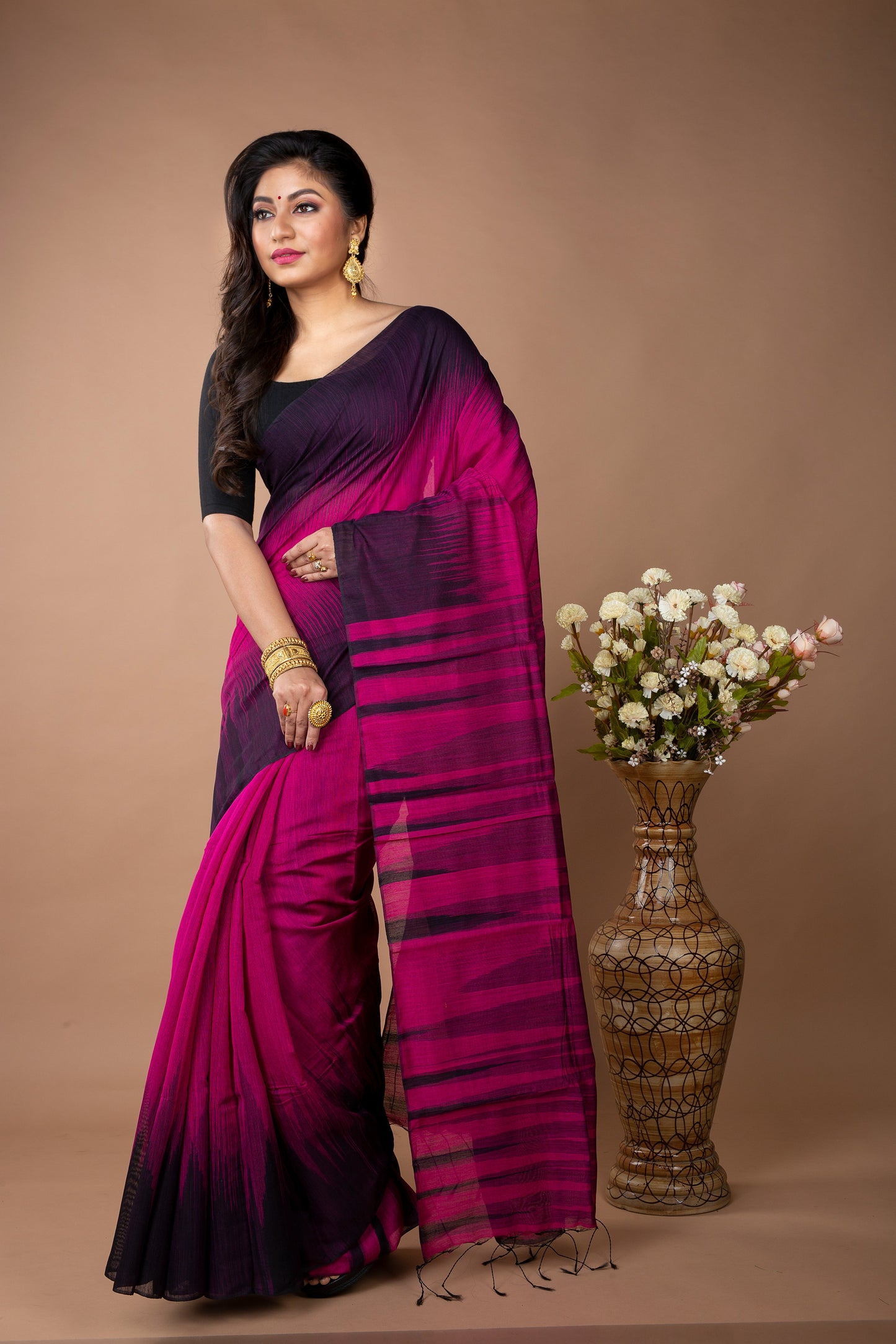 Handloom Ikkat Saree - Navy Blue on Purple - ArtisanSoul